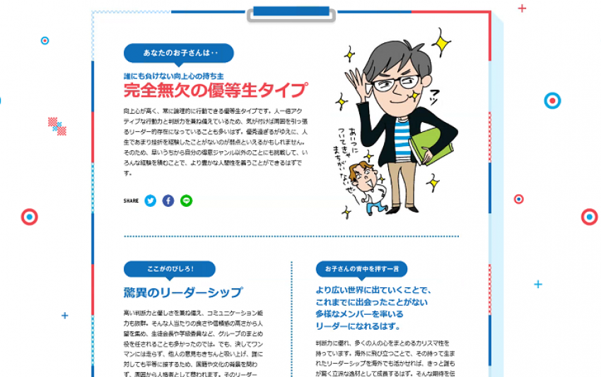 ディグラム・ラボ社の持つ37万人のデータに基づく性格診断でお子さんの「のびしろ」を判定。さらに伸ばすためのアドバイスも！